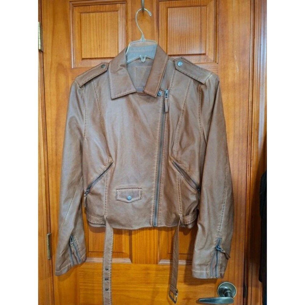 Max Studio Tan Faux Leather Belted Cropped Moto Biker Jacket Women Size Large